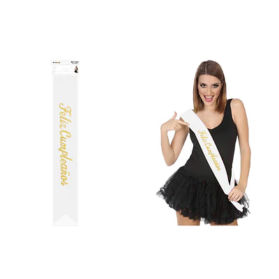 Banda glitreada blanca con brillo dorado Feliz Cumpleaños 9.5*160cm
