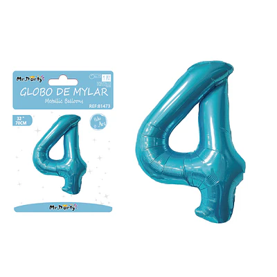 Globo metálico de número 4 azul perlado 70cm