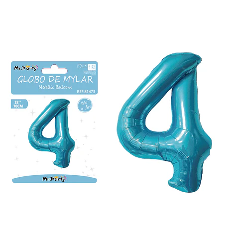 Globo metálico de número 4 azul perlado 70cm