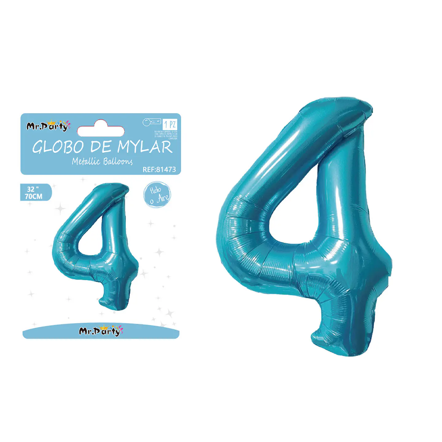 Globo metálico de número 4 azul perlado 70cm 1