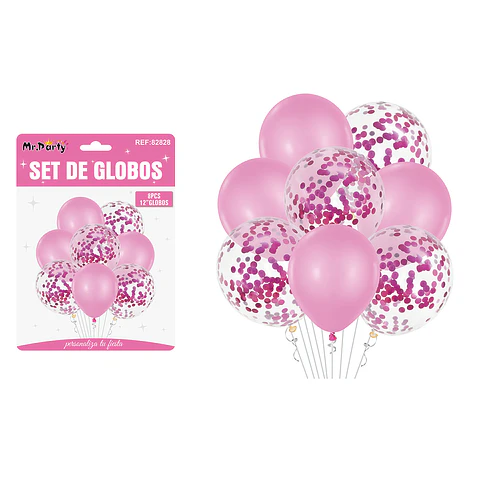 Set de globos rosa con confetti 8pcs