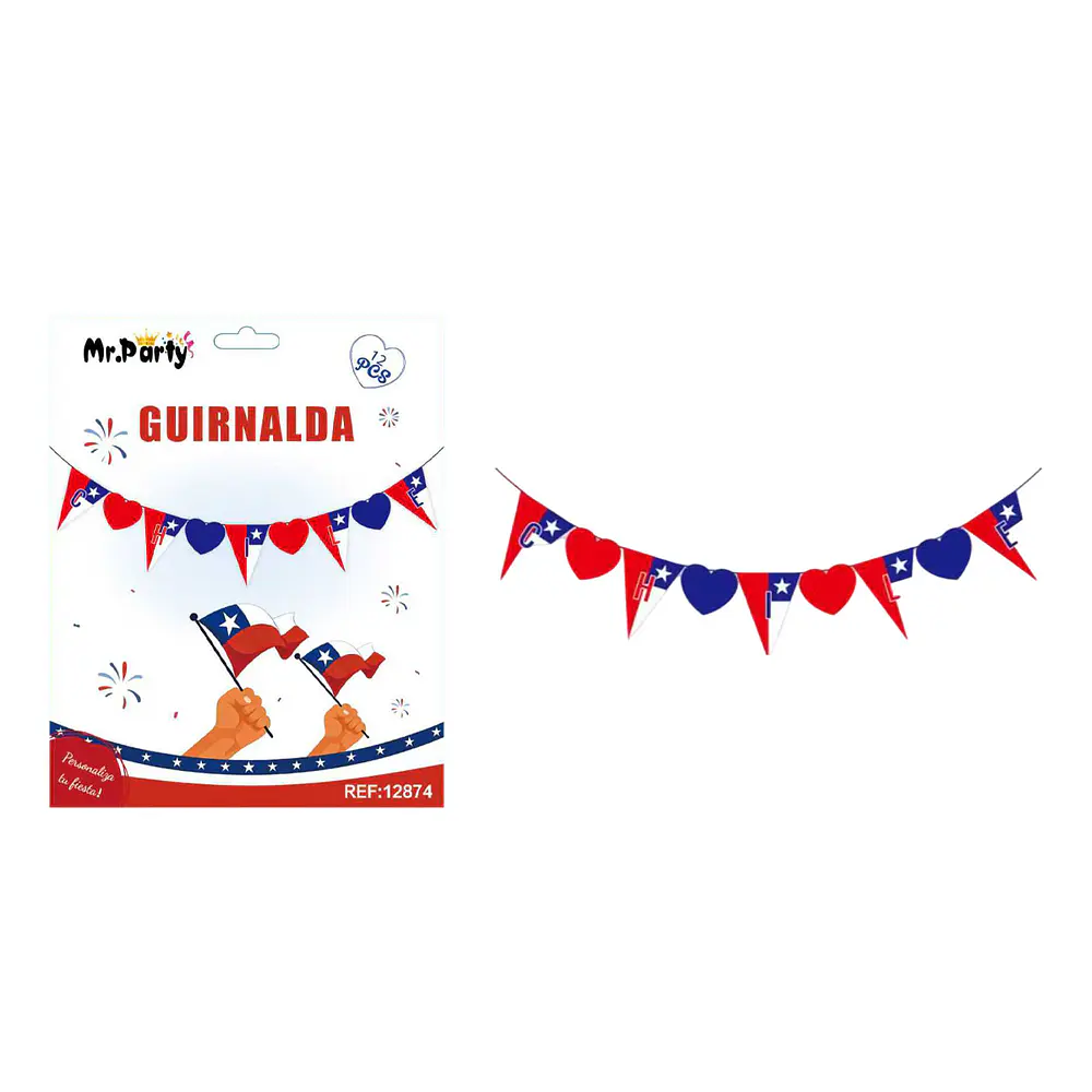 Guirnalda de banderines triangulares de Chile con corazones 12pcs
