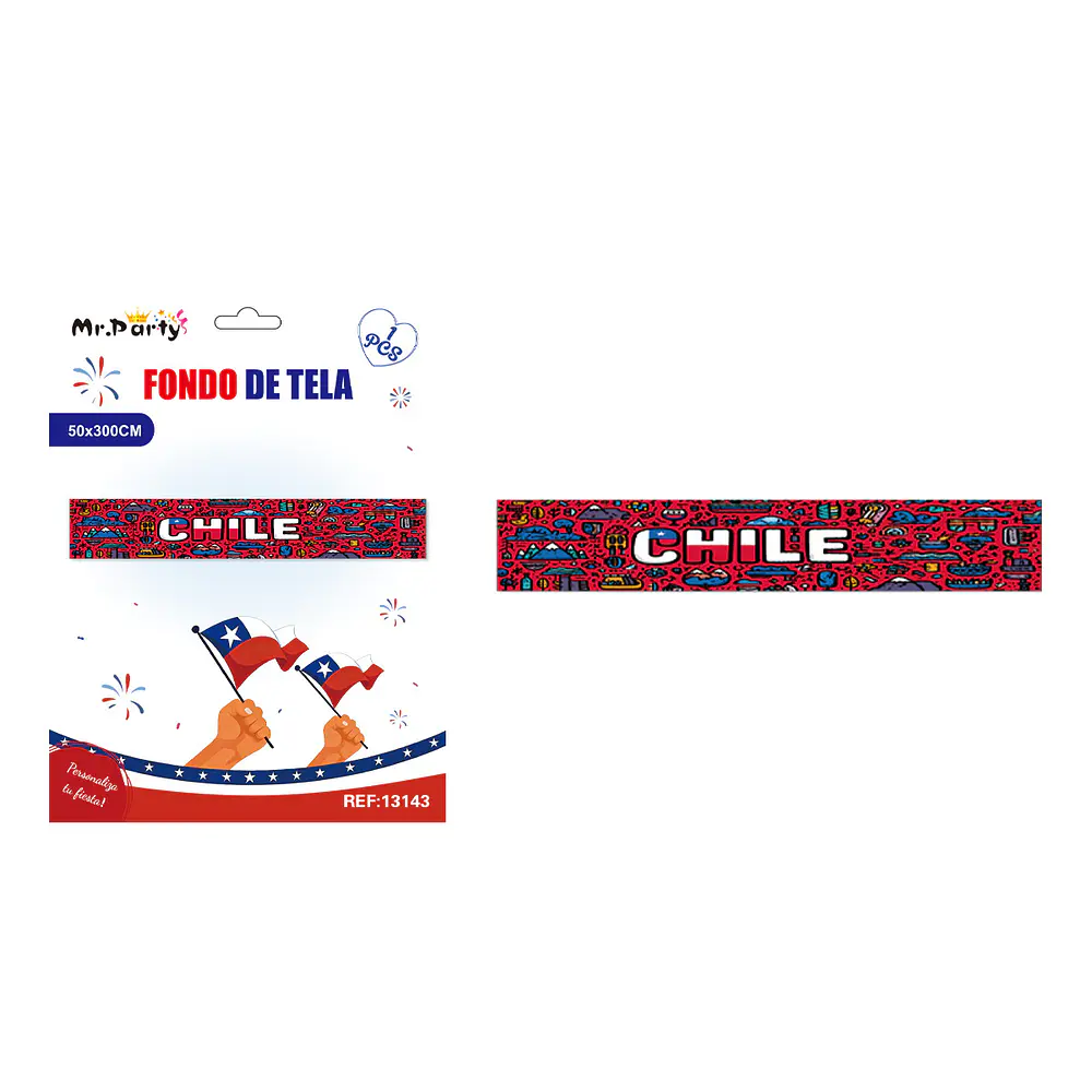 Fondo de Fiestas Patrias con 4 ojales y cinta roja de 10m 50*300cm