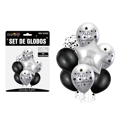 Set de globos metálico plateado y negro feliz cumpleaños 8pcs