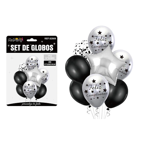 Set de globos metálico plateado y negro feliz cumpleaños 8pcs