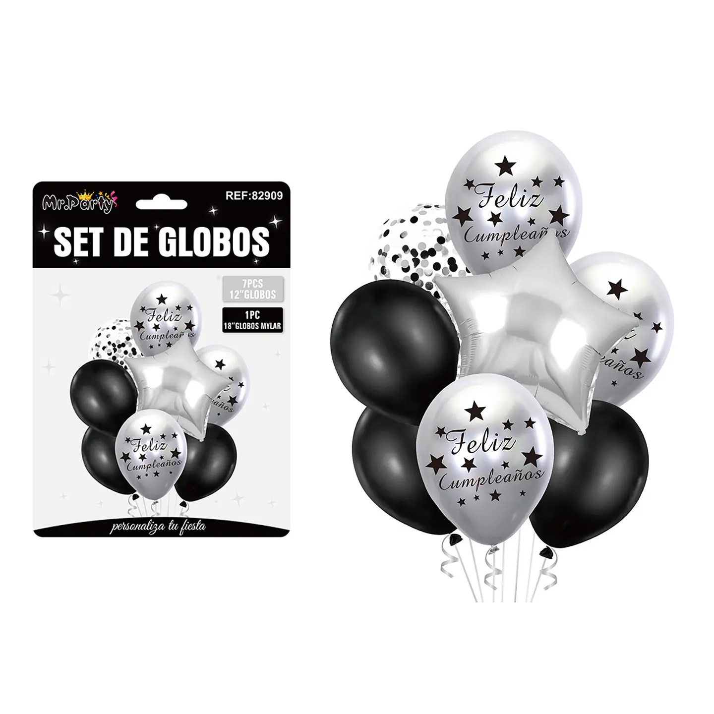Set de globos metálico plateado y negro feliz cumpleaños 8pcs 1