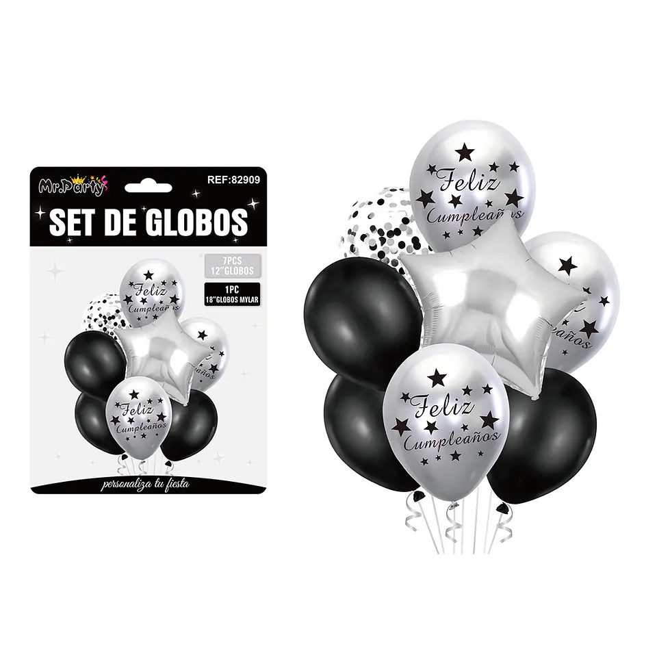 Set de globos metálico plateado y negro feliz cumpleaños 8pcs 1