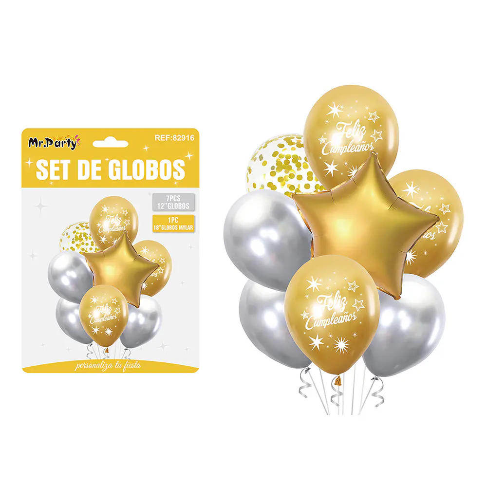 Set de globos metálico dorado y plateado feliz cumpleaños 8pcs