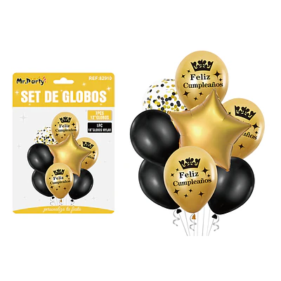 Set de globos metálico dorado y negro feliz cumpleaños 8pcs
