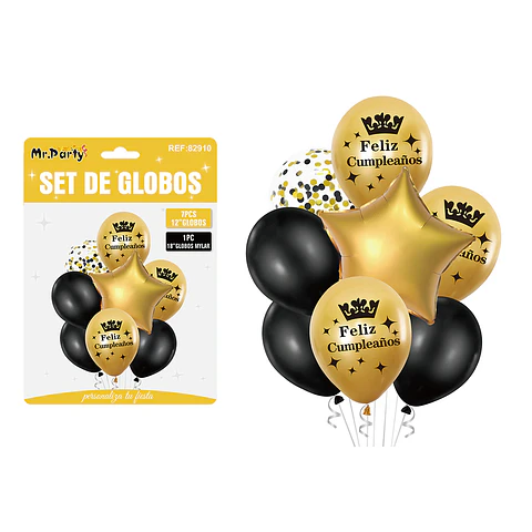 Set de globos metálico dorado y negro feliz cumpleaños 8pcs