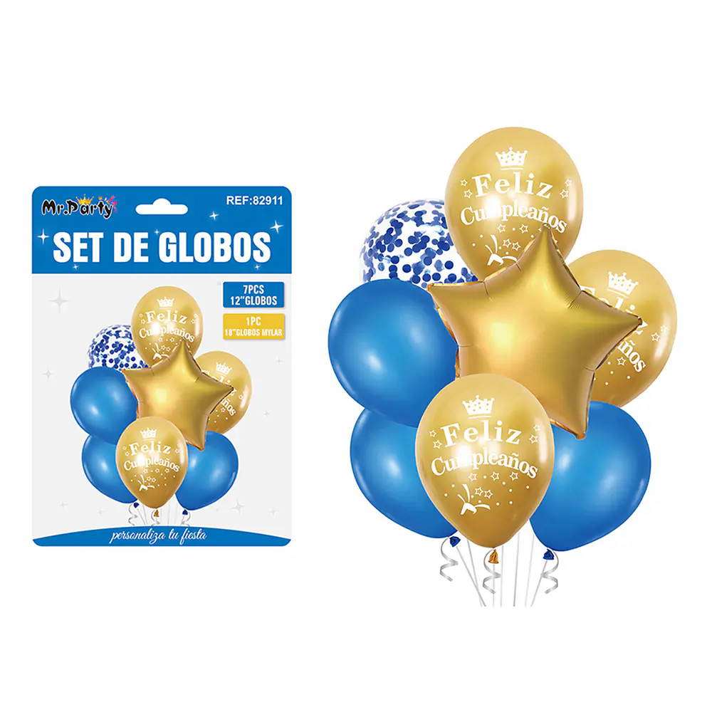 Set de globos metálico dorado y azul feliz cumpleaños 8pcs