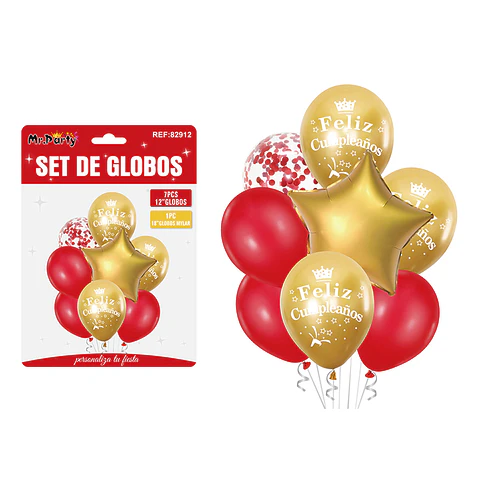 Set de globos metálico dorado y rojo feliz cumpleaños 8pcs
