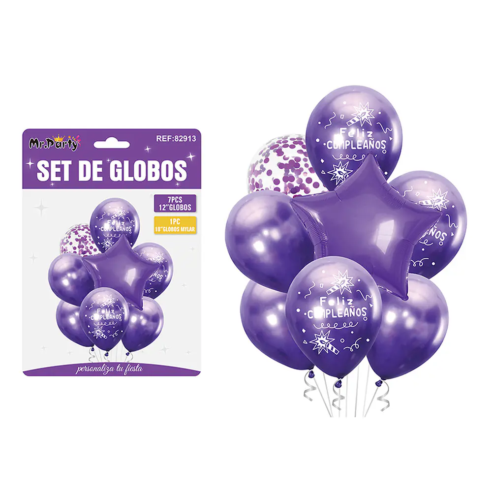 Set de globos metálico morado feliz cumpleaños 8pcs