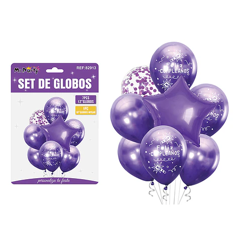 Set de globos metálico morado feliz cumpleaños 8pcs