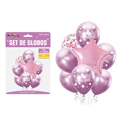 Set de globos metálico rosado feliz cumpleaños 8pcs