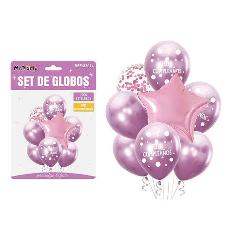 Set de globos metálico rosado feliz cumpleaños 8pcs