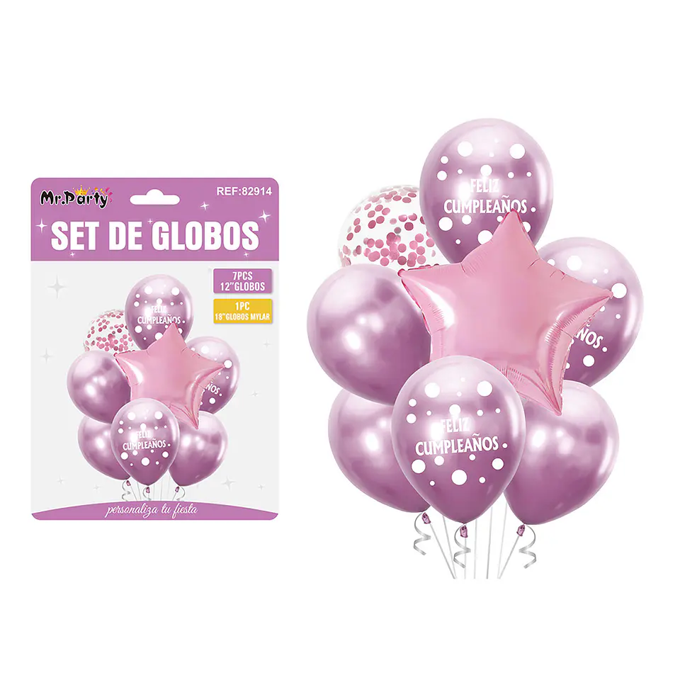 Set de globos metálico rosado feliz cumpleaños 8pcs 1