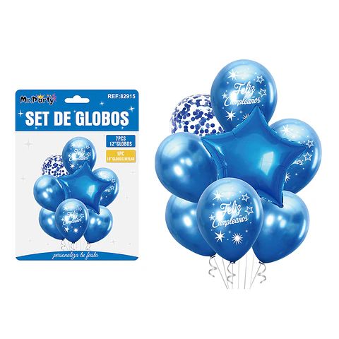 Set de globos metálico azul feliz cumpleaños 8pcs