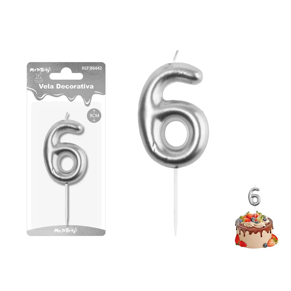 Vela de número 6 plateado 3.8*6CM
