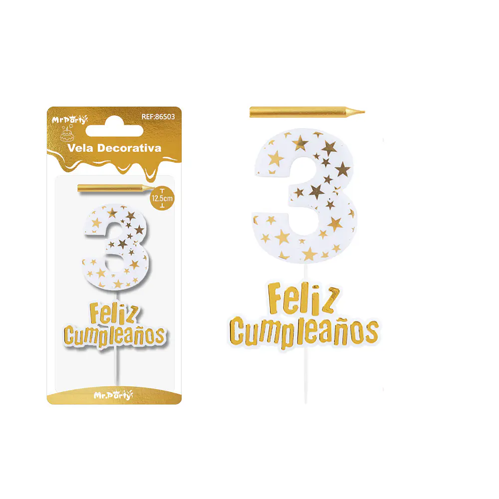 Vela de cumpleaños número 3 estrella dorado