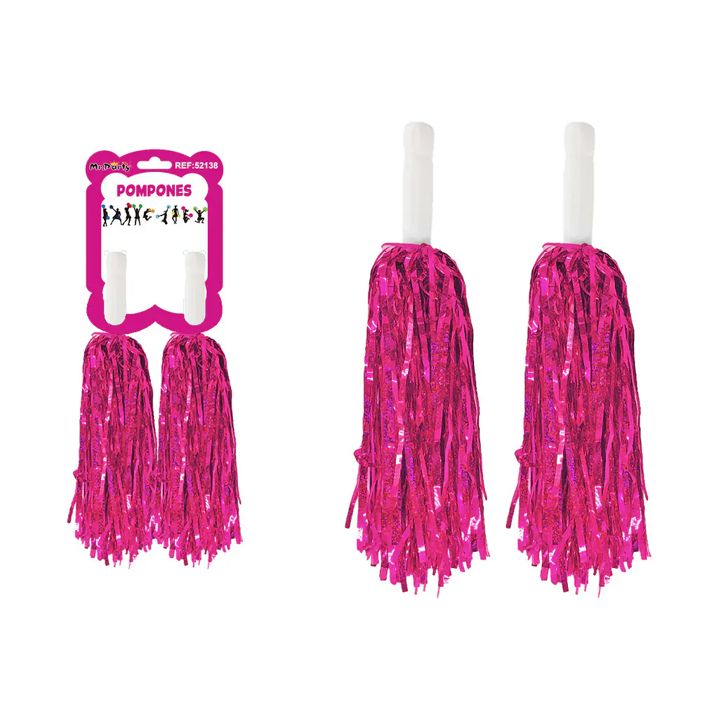Pompones porrista fucsia holográfico 2pcs