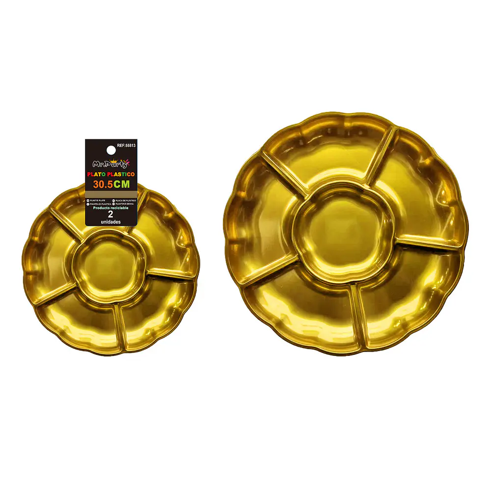 Plato bandeja plástica dorado metalizada con división 30.5cm 2pcs