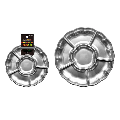 Plato bandeja plástica plateado metalizada con división 30.5cm 2pcs