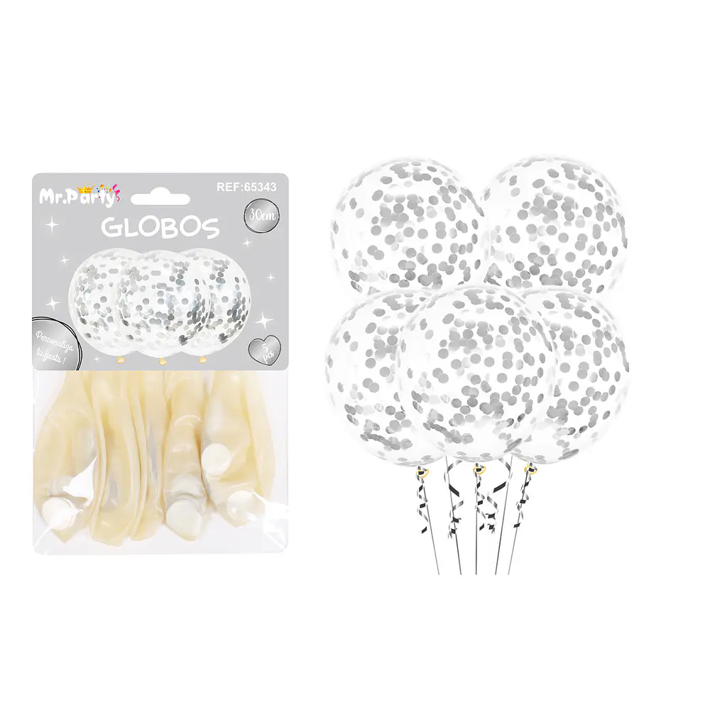 Globos de látex con confetti de redondo plateado 30cm 5pcs