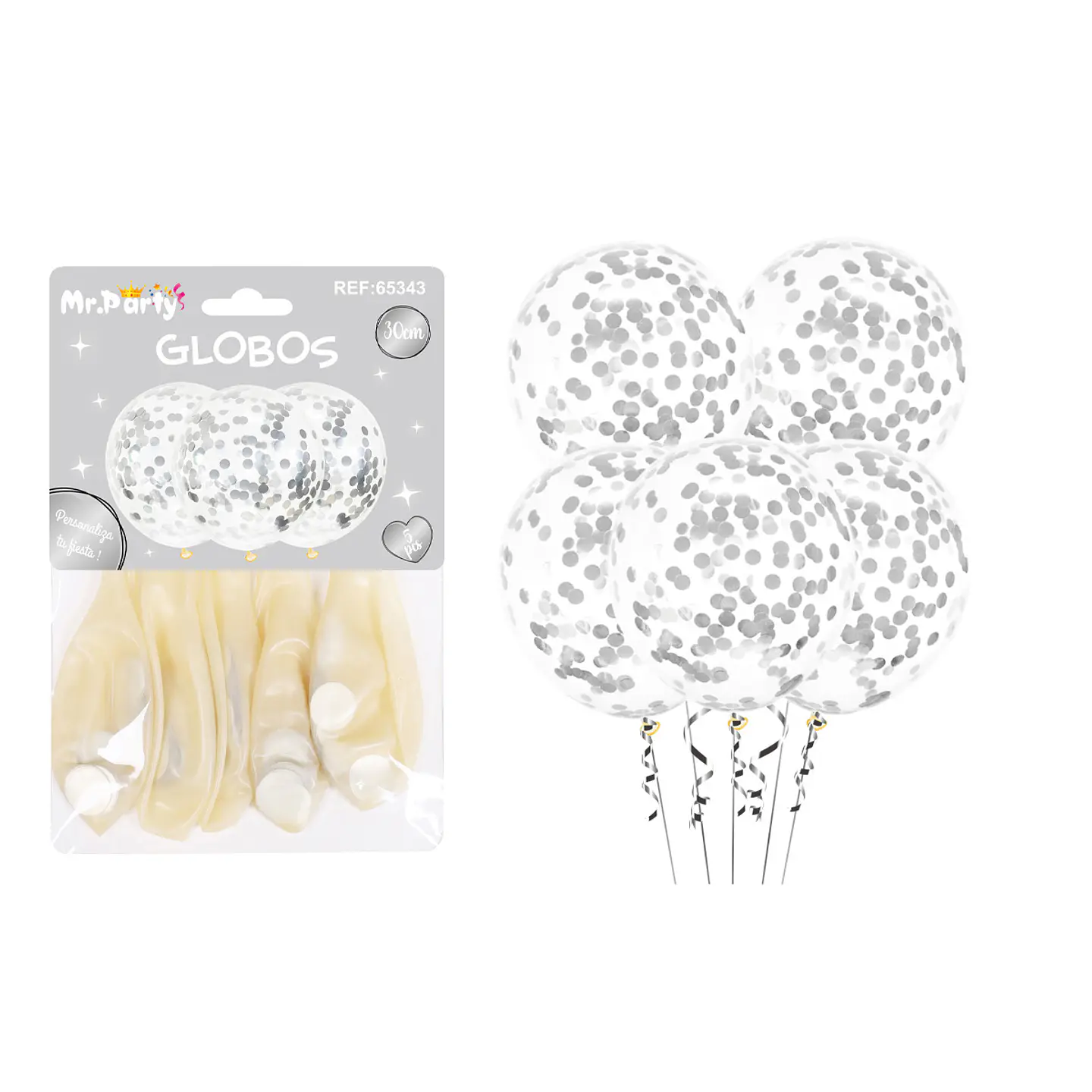 Globos de látex con confetti de redondo plateado 30cm 5pcs 1