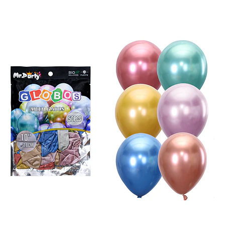 Globos de látex colores surtidos cromados metalizados 28cm 50pcs