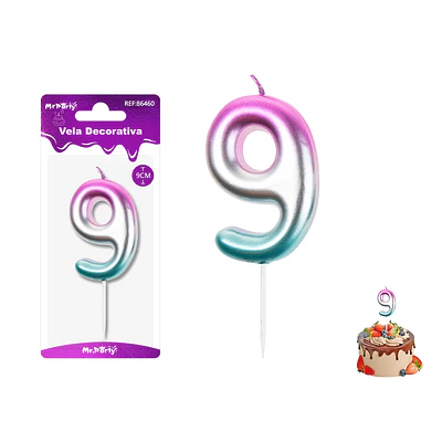 Vela de cumpleaños número 9 multicolor 9cm