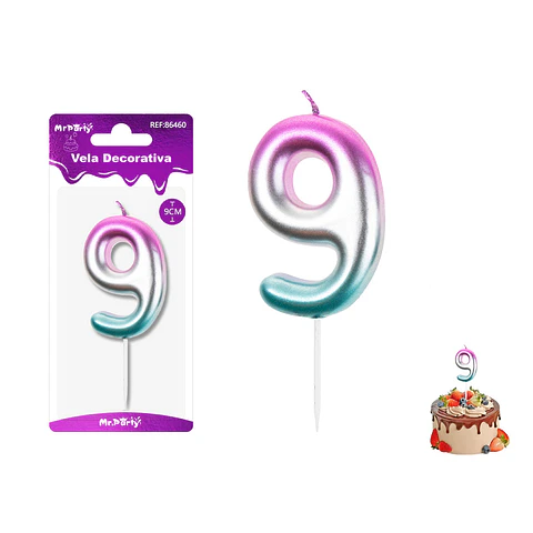 Vela de cumpleaños número 9 multicolor 9cm