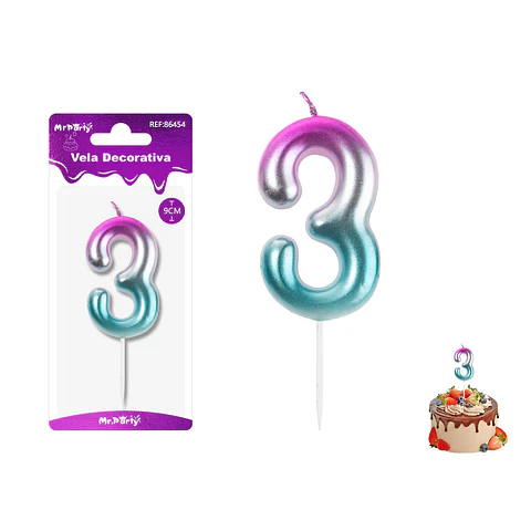 Vela de cumpleaños número 3 multicolor 9cm