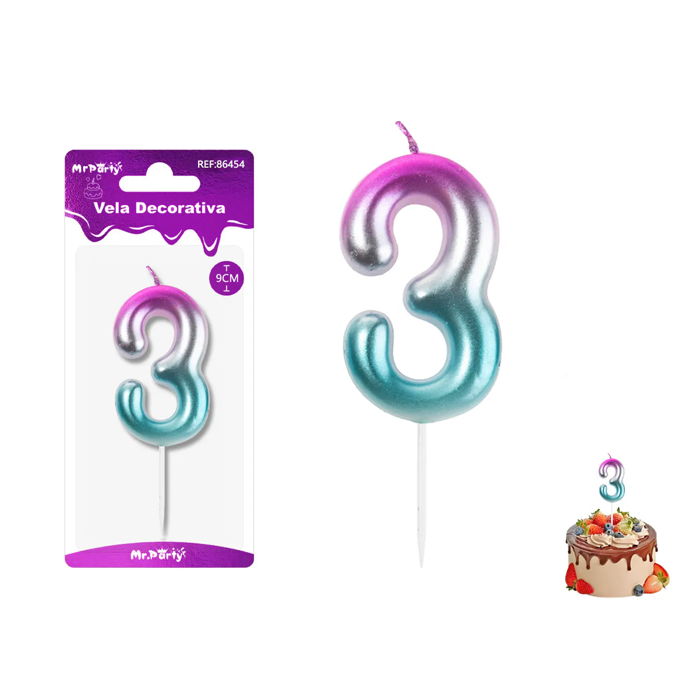 Vela de cumpleaños número 3 multicolor 9cm 1