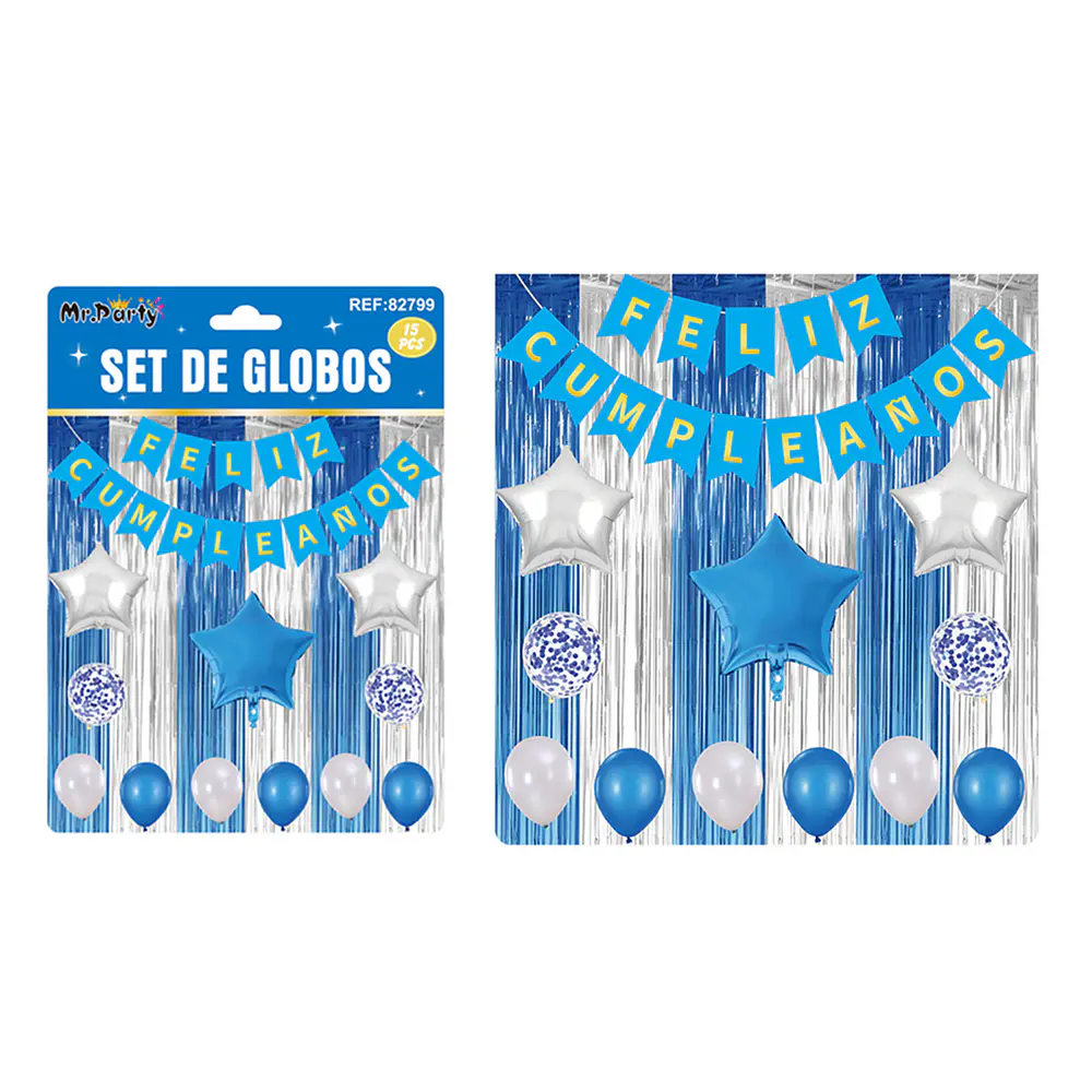 Set de globos y guirnalda con cortina azul plateado 15pcs