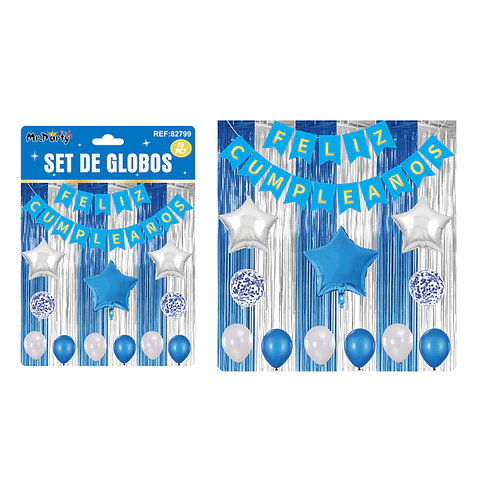 Set de globos y guirnalda con cortina azul plateado 15pcs