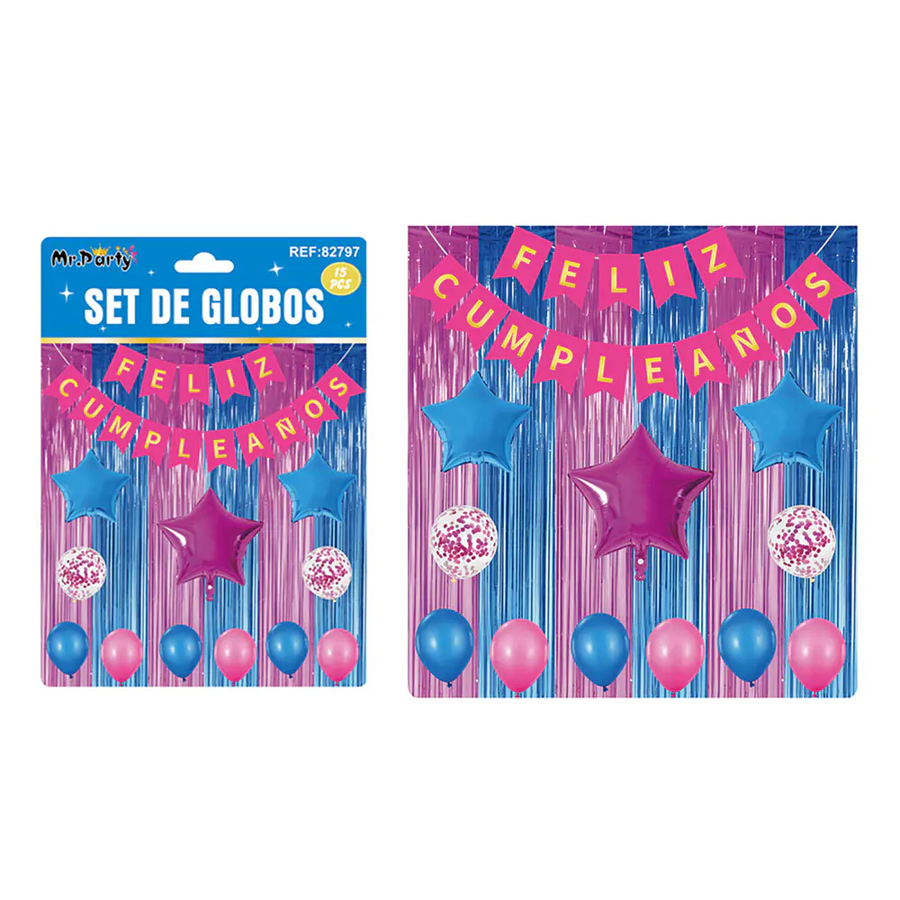 Set de globos y guirnalda con cortina rosa azul 15pcs