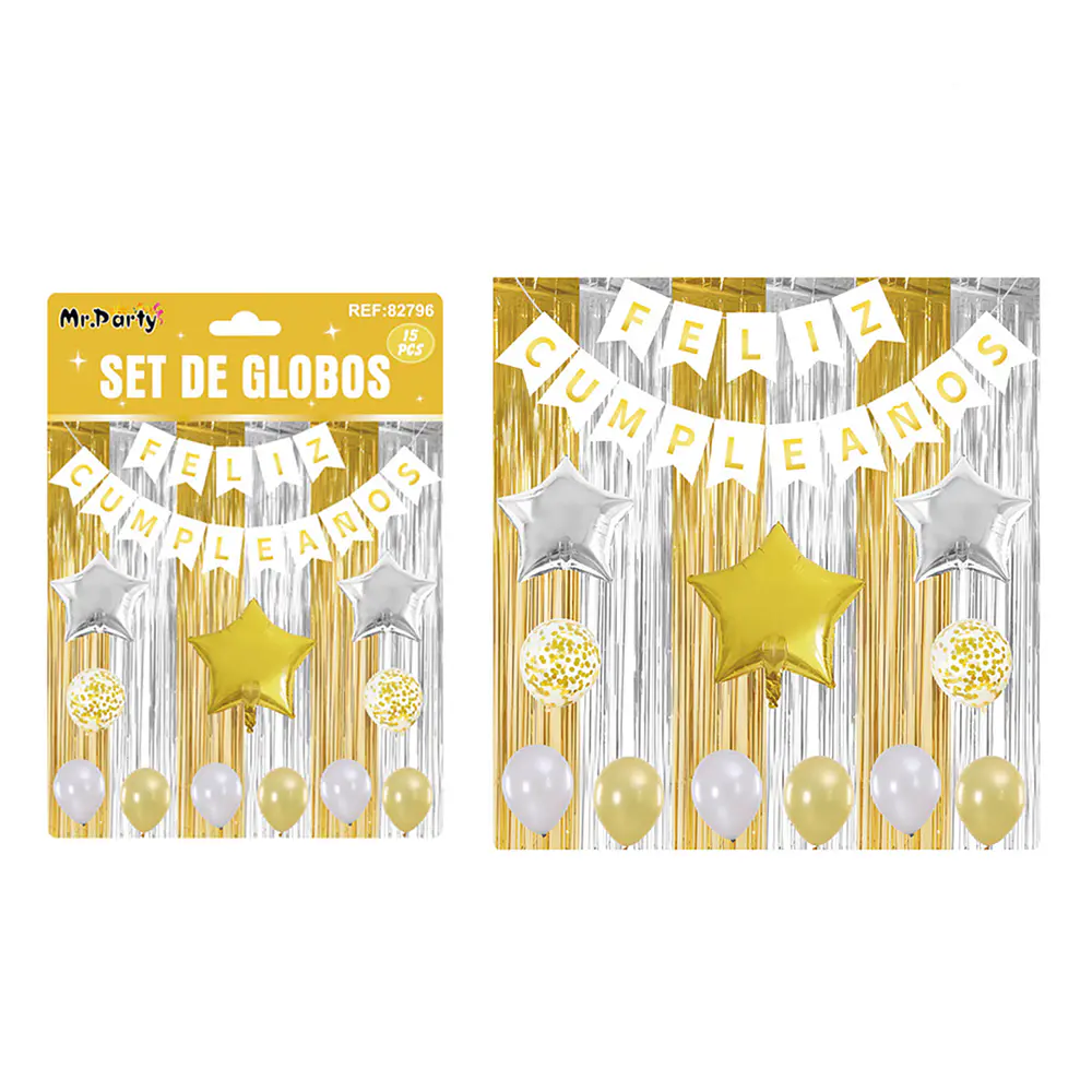 Set de globos y guirnalda con cortina dorado plateado 15pcs