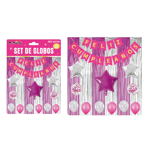 Set de globos y guirnalda con cortina fucsia plateado 15pcs