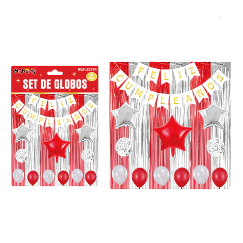Set de globos y guirnalda con cortina rojo plateado 15pcs