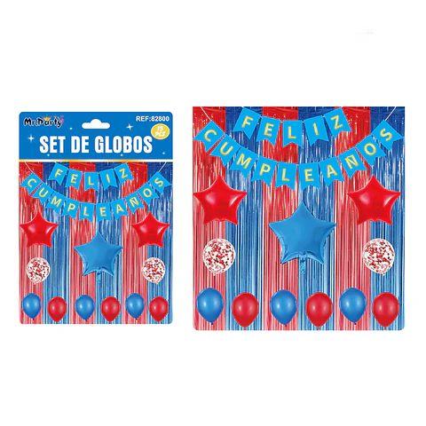 Set de globos y guirnalda con cortina rojo azul 15pcs