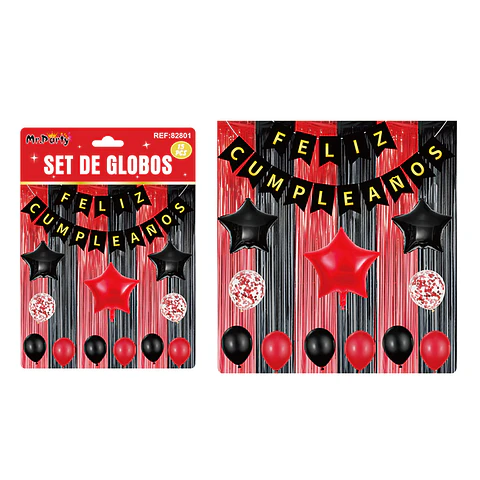 Set de globos y guirnalda con cortina rojo negro 15pcs