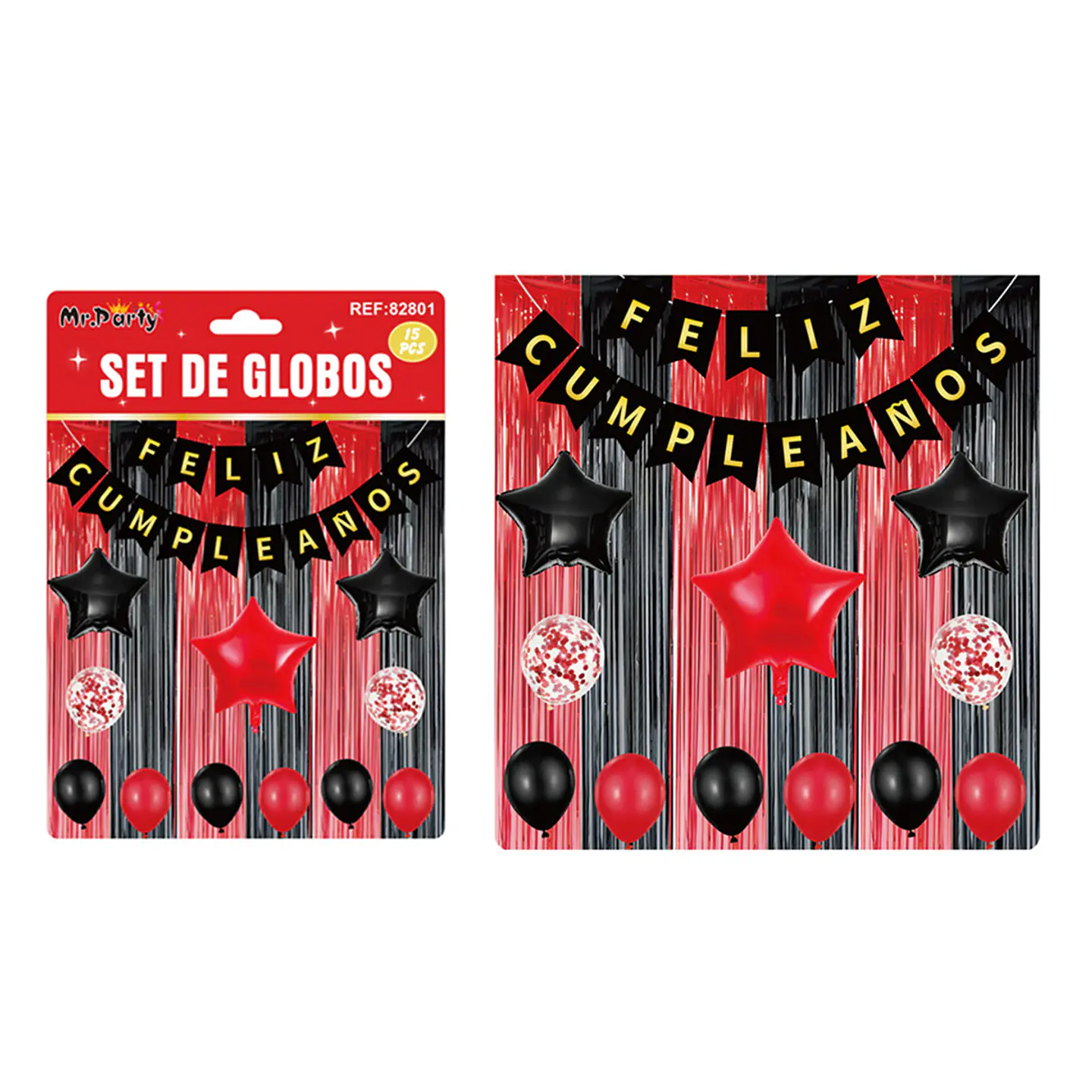 Set de globos y guirnalda con cortina rojo negro 15pcs 1