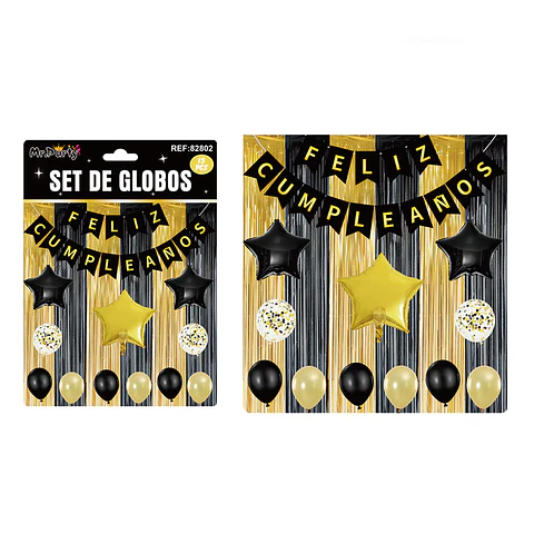 Set de globos y guirnalda con cortina negro dorado 15pcs