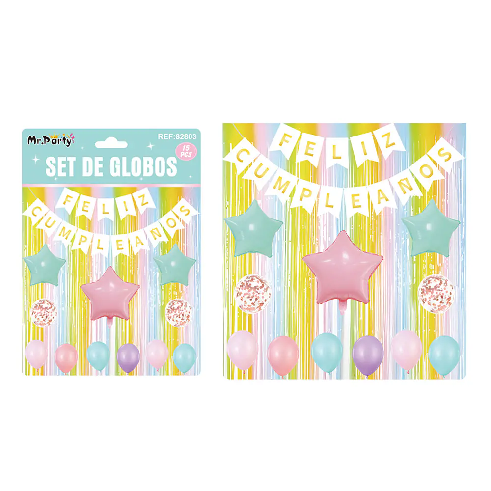 Set de globos y guirnalda con cortina multicolor 15pcs