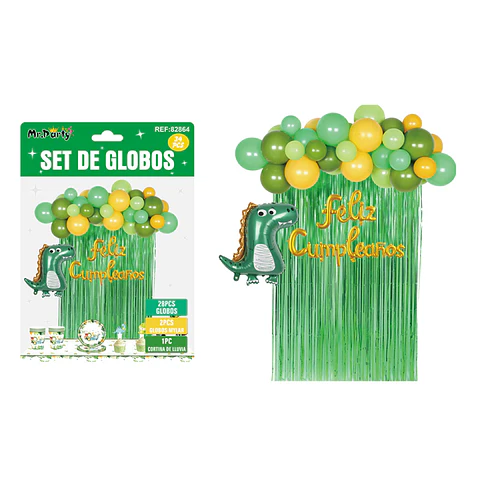 Set de globos con dinosaurio y cortina verde 34pcs