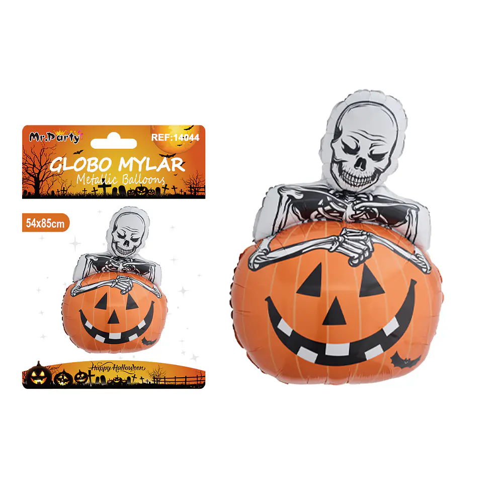 Globo mylar metálico calabaza con esqueleto Halloween 54*85cm