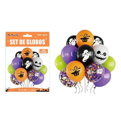 Set de globos de látex y confeti Halloween diseños variados 12pcs