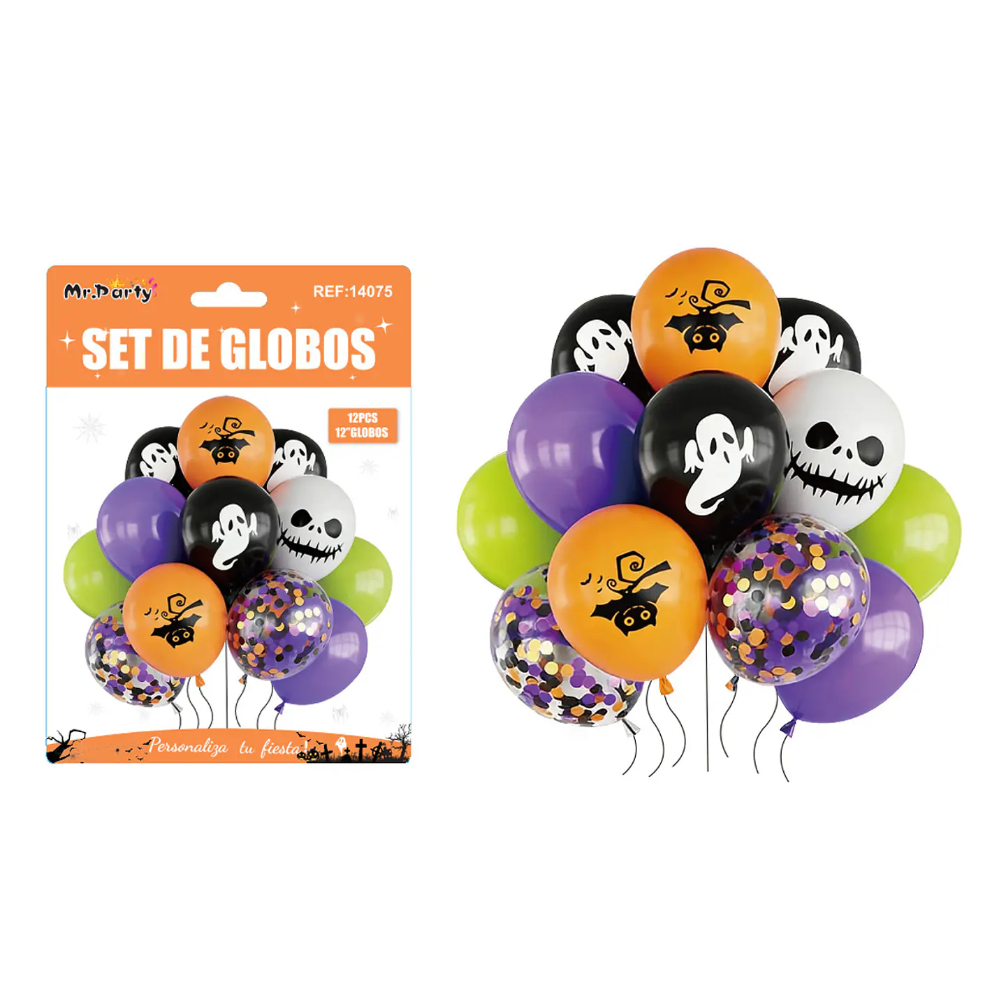 Set de globos de látex y confeti Halloween diseños variados 12pcs 1