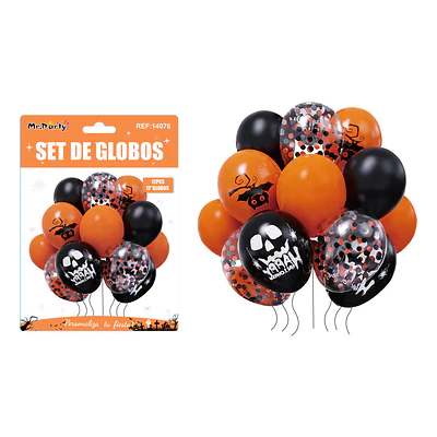 Set de globos de látex y confeti Halloween calavera y murciélago 12pcs